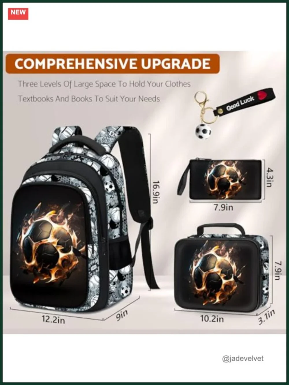 4-Piece Soccer Backpack Set with Lunch Box for Boys Kids School